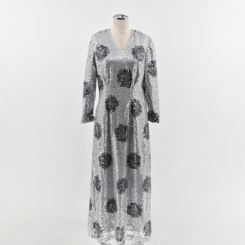 True Vintage 60s Sequin Dress Womens Size S Silver Floral Glitzy Glamorous Retro